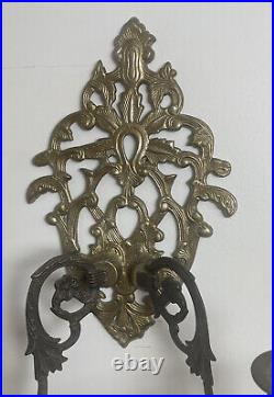 Vintage Pair Of Heavy Brass Bronze Candle Holder Wall Sconces Hanging Crystals