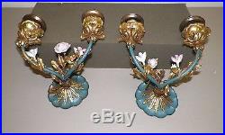 Vintage Pair Of Metal & Porcelain Flower Wall Sconce Candle Holders Blue Pink
