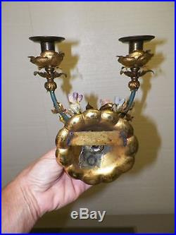 Vintage Pair Of Metal & Porcelain Flower Wall Sconce Candle Holders Blue Pink