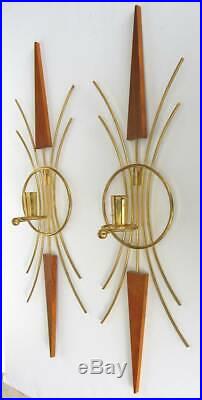 Vintage Pair Of Mid-Century Modern Teak Wood Brass Wall Sconces Candle Holders