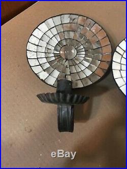Vintage Pair Of Mirror Reflector Wall Sconces Candle Holders Geometric Mosaic