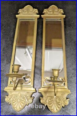 Vintage Pair Set of 2 Brass Mirror & Candle Wall Sconces