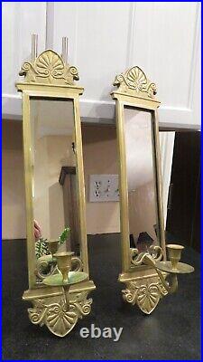 Vintage Pair Set of 2 Brass Mirror & Candle Wall Sconces