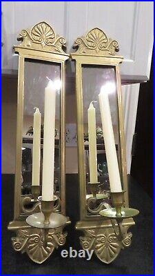 Vintage Pair Set of 2 Brass Mirror & Candle Wall Sconces