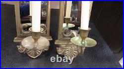 Vintage Pair Set of 2 Brass Mirror & Candle Wall Sconces