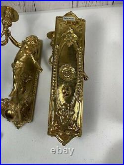 Vintage Pair Solid Brass Cherub Candle Holder Wall Sconces 11 Tall Italy