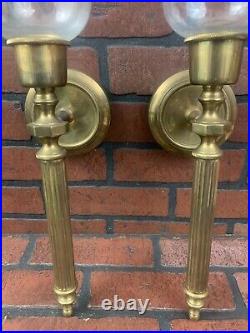 Vintage Pair Solid Brass Wall Sconces Candle Holders Glass Shades 19