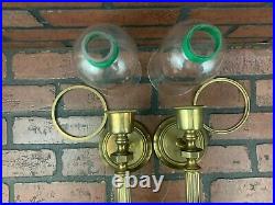 Vintage Pair Solid Brass Wall Sconces Candle Holders Glass Shades 19
