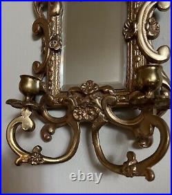 Vintage Pair Solid Brass Wall Sconces With Beveled Mirrors and Candle Holders
