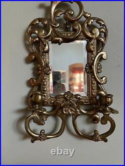 Vintage Pair Solid Brass Wall Sconces With Beveled Mirrors and Candle Holders