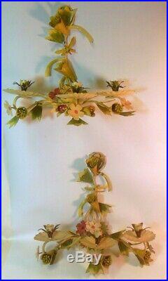 Vintage Pair TOLE Metal Wall FLOWER SCONCES Painted Candleholders Garden