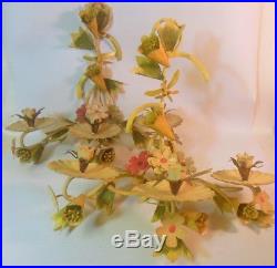 Vintage Pair TOLE Metal Wall FLOWER SCONCES Painted Candleholders Garden CHIC
