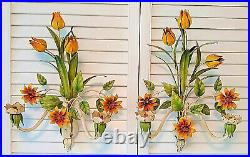 Vintage Pair Tole Metal Floral Candle Holders Wall Sconce Shabby Chic Cottage