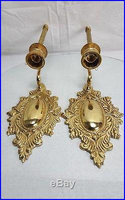 Vintage Pair Victorian Heavy Brass Candle Wall Sconce Single Candle Holders Home