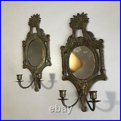 Vintage Pair of 17 Brass Double Candle Holder with Mirrors Ornate Wall Sconces