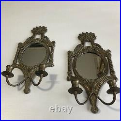 Vintage Pair of 17 Brass Double Candle Holder with Mirrors Ornate Wall Sconces