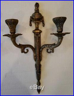 Vintage Pair of BRASS DOUBLE ARM CANDLE HOLDER LIGHT WALL SCONCES 16 long