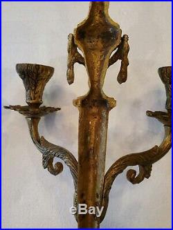 Vintage Pair of BRASS DOUBLE ARM CANDLE HOLDER LIGHT WALL SCONCES 16 long