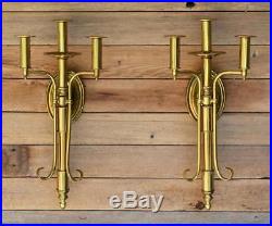 Vintage Pair of Brass 2-Arm Candelabra Wall Sconces 3 Candlestick Holders 20