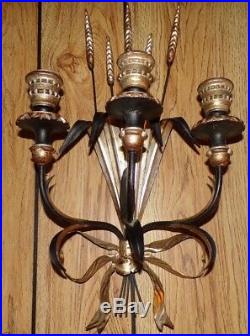Vintage Pair of Italian Tole Wheat Sheaf Wall Sconce Candle Holders