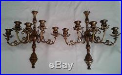 Vintage Pair of LG HEAVY ORNATE BRASS 5 ARM WALL SCONCES /Candle Holders