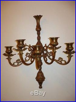 Vintage Pair of LG HEAVY ORNATE BRASS 5 ARM WALL SCONCES /Candle Holders