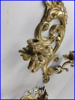 Vintage Pair of Ornate Brass 2-Arm Wall Sconces Candle Holders 18'' High