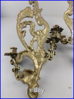 Vintage Pair of Ornate Brass 2-Arm Wall Sconces Candle Holders 18'' High
