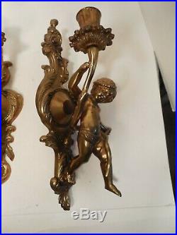 Vintage, Pair of Solid Brass Cherub Wall Sconce