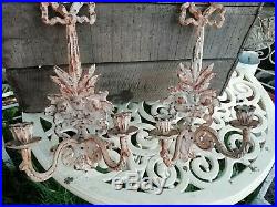 Vintage Pair of White Double Arm Cast Iron Wall Sconces Candle Holders