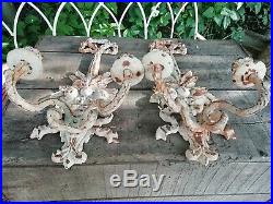 Vintage Pair of White Double Arm Cast Iron Wall Sconces Candle Holders