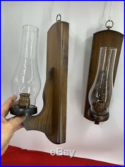 Vintage Pair of Wood Wall Candle Holder's Candelabra Glass Hurricane Sconce