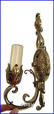 Vintage Polished Brass Electric Candle Stick Medallion Wall Sconce Pair-Untested