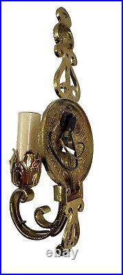 Vintage Polished Brass Electric Candle Stick Medallion Wall Sconce Pair-Untested