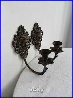 Vintage Pr. Brass Wall Candle Holders c. 1920s-40s Egyptian Man Face Hangers
