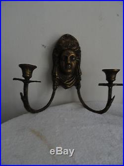 Vintage Pr. Brass Wall Double Candle Holders c. 1920s-40s Egyptian Man Face