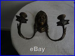 Vintage Pr. Brass Wall Double Candle Holders c. 1920s-40s Egyptian Man Face