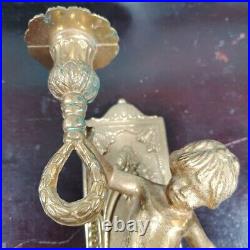 Vintage Putti Cherub Brass Wall Mounted Sconce Candle Holder Angels Boy Italy