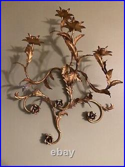 Vintage Rare Large MCM Gold Floral Leaf Candle Holder Iron Wall Sconce