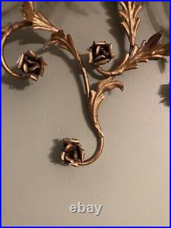 Vintage Rare Large MCM Gold Floral Leaf Candle Holder Iron Wall Sconce