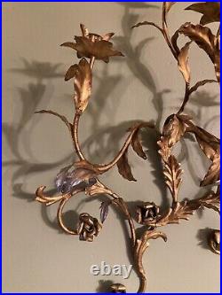 Vintage Rare Large MCM Gold Floral Leaf Candle Holder Iron Wall Sconce