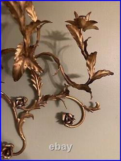 Vintage Rare Large MCM Gold Floral Leaf Candle Holder Iron Wall Sconce