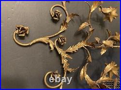 Vintage Rare Large MCM Gold Floral Leaf Candle Holder Iron Wall Sconce