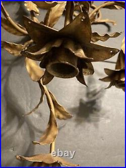 Vintage Rare Large MCM Gold Floral Leaf Candle Holder Iron Wall Sconce