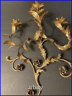 Vintage Rare Large MCM Gold Floral Leaf Candle Holder Iron Wall Sconce