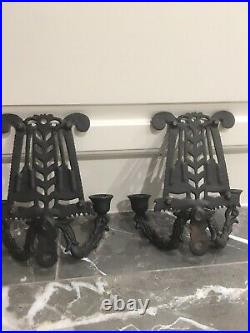 Vintage Rustic Pair Of Cast Iron Wall Hanging Candle Holders