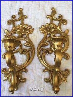 Vintage SYROCO Gold Tone WALL Hanging CANDLE SCONCES and Faux Marble SHELF 3 Set