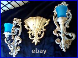 Vintage Sconce Pair & Wall Pocket Gold Blue Glass Votive Wall Candle Holder MCM