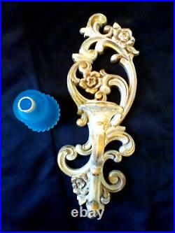 Vintage Sconce Pair & Wall Pocket Gold Blue Glass Votive Wall Candle Holder MCM