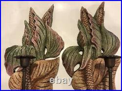 Vintage Set Wooden/ Bronze Candle Wall Sconces Tropical Breadfruit Fruit / Leaf